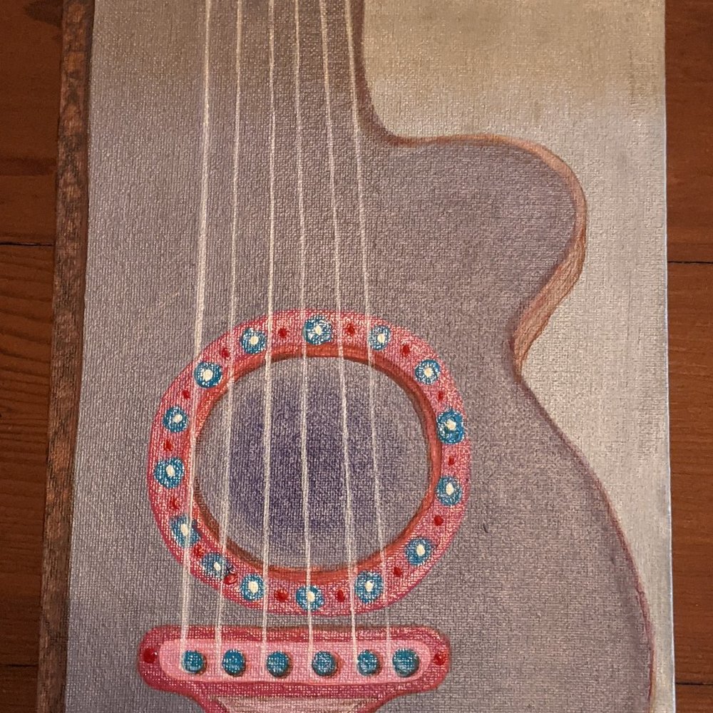 ORIGINAL Acrylic Painting 10" x 12" GUITAR on Canvas SIGNED tlp Gray Red Pink